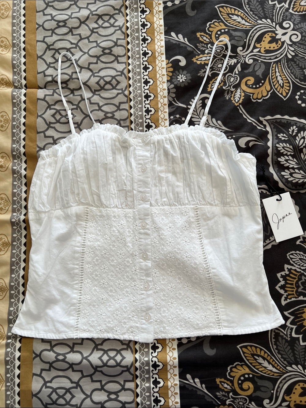 Japna White Cotton Eyelet Smocked Camisole Top Button Front